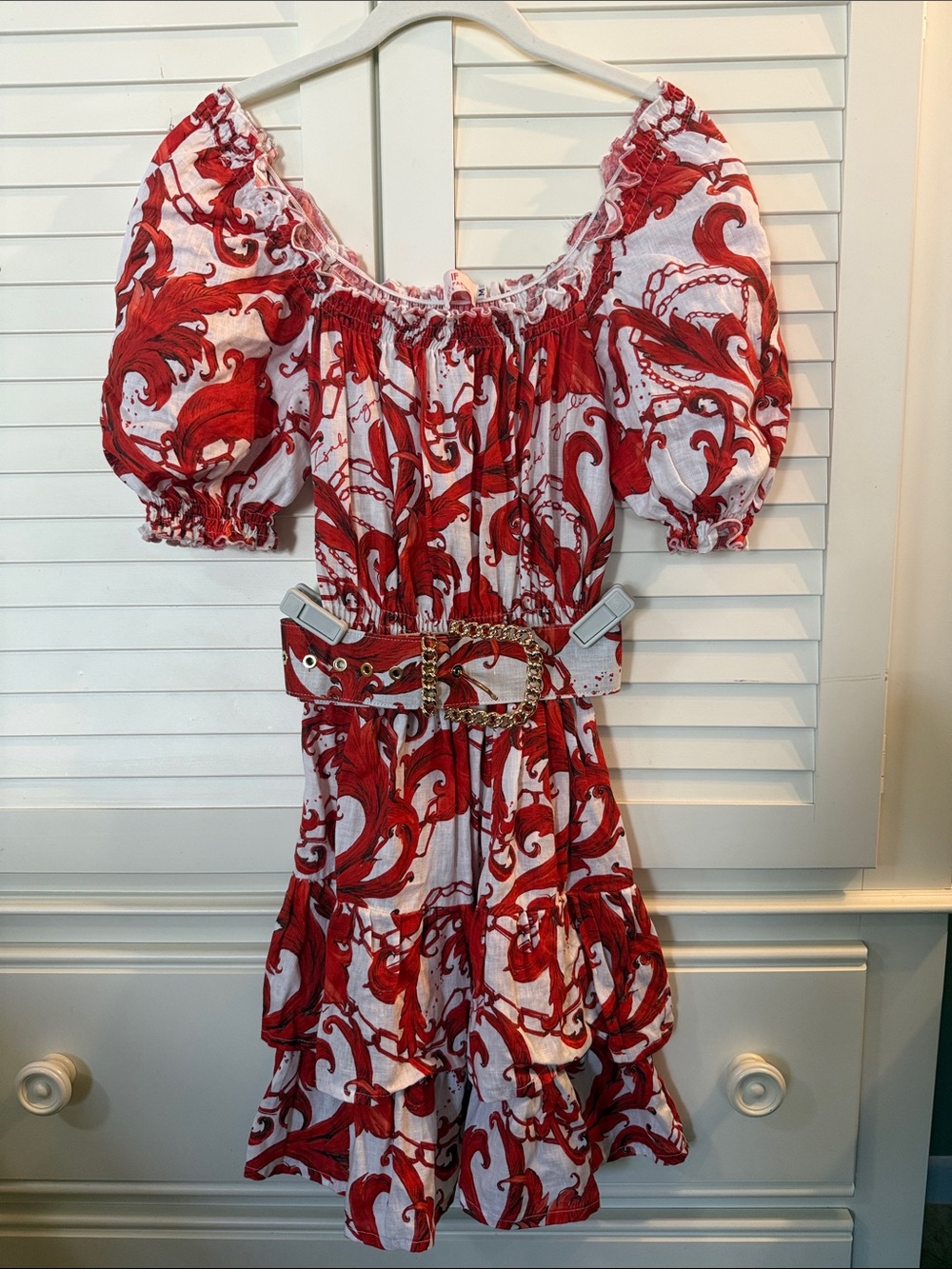 Isabel Fargnoli St. Bart Red Scroll Print Puff-Sleeve Tiered Dress